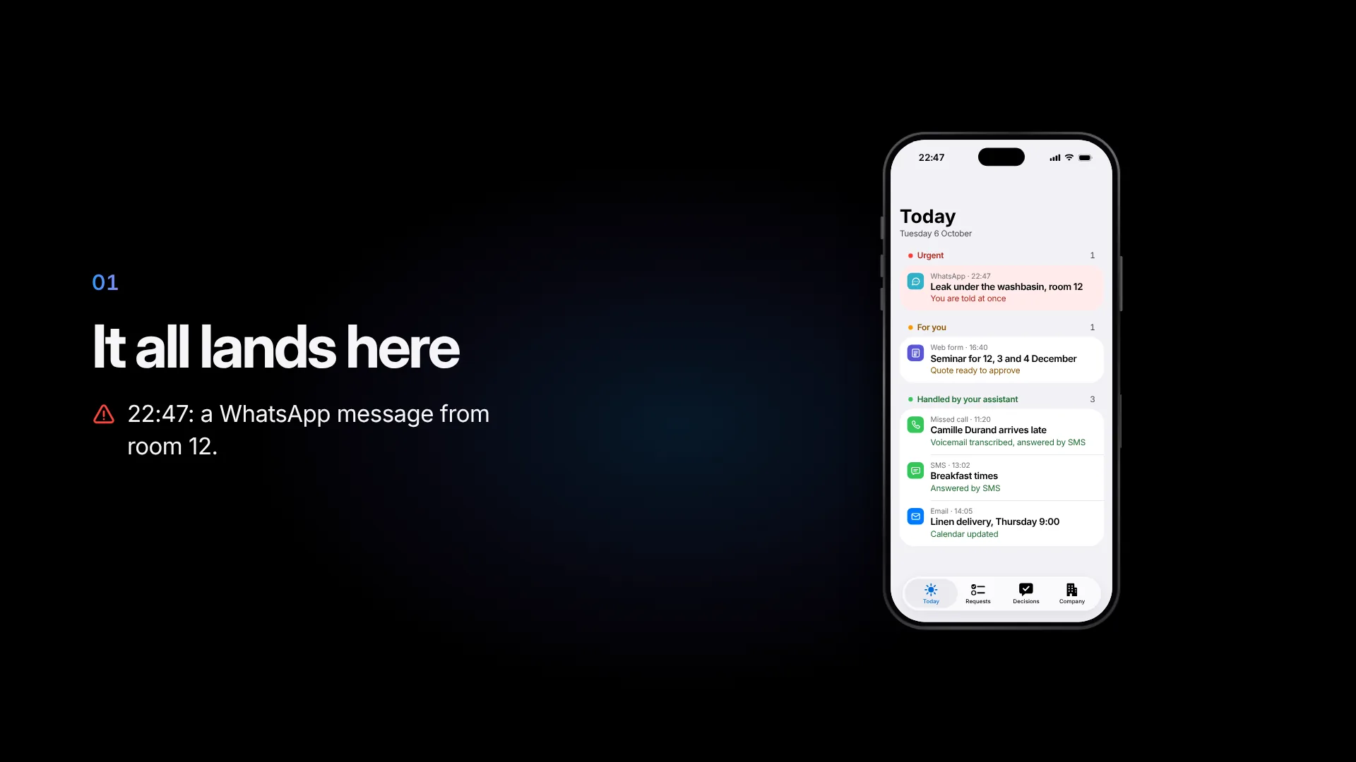 Lorne & Vale: a WhatsApp message about a leak lands in the Urgent pile of the iPhone app, at 22:47