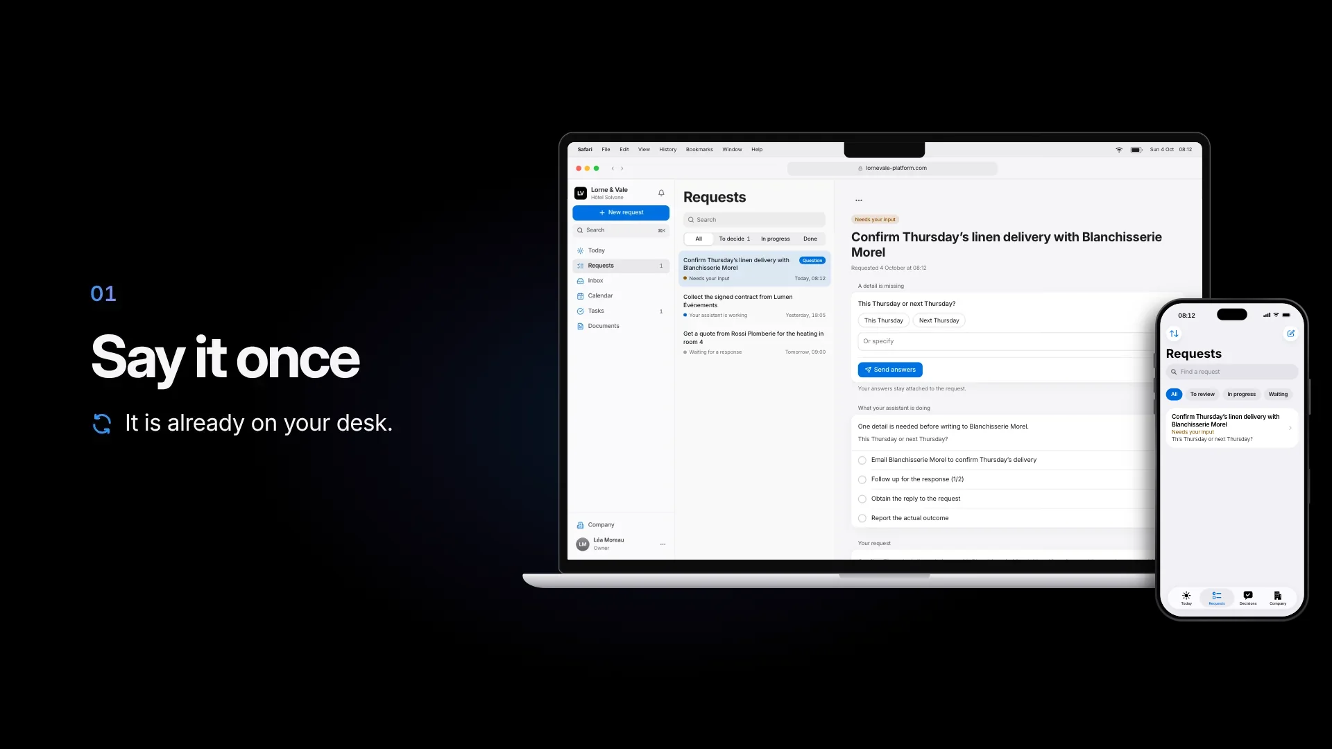 Lorne & Vale: the same request on an iPhone and on the web platform of a MacBook
