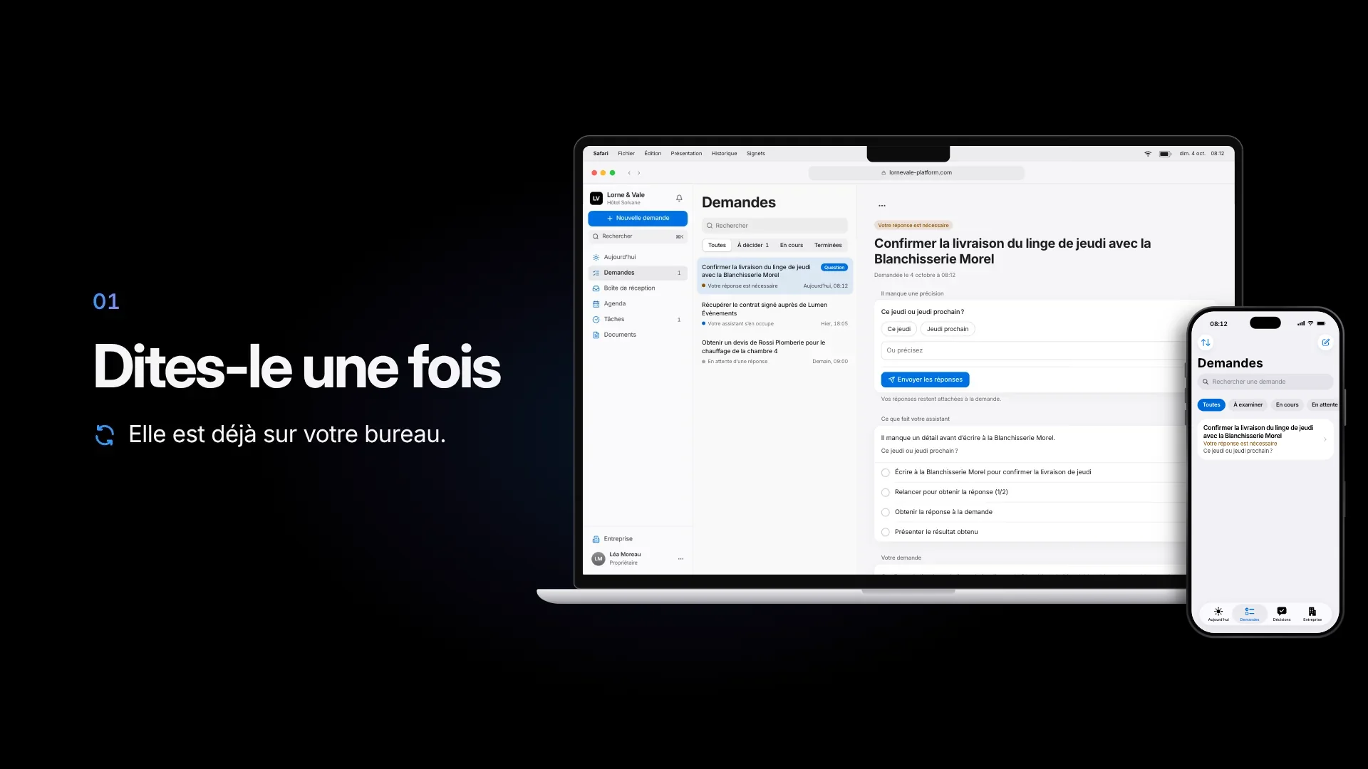 Lorne & Vale : la même demande sur un iPhone et sur la plateforme web d’un MacBook