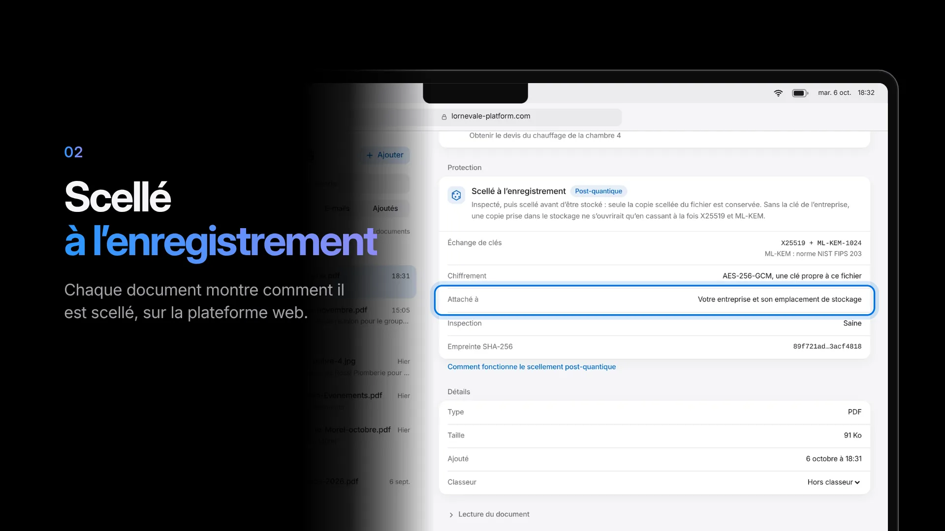 Lorne & Vale : le devis d’un fournisseur sur l’écran Documents de la plateforme web, scellé avec X25519 et ML-KEM-1024