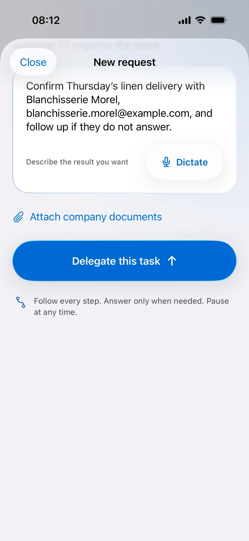 A new request being described, with the Dictate button