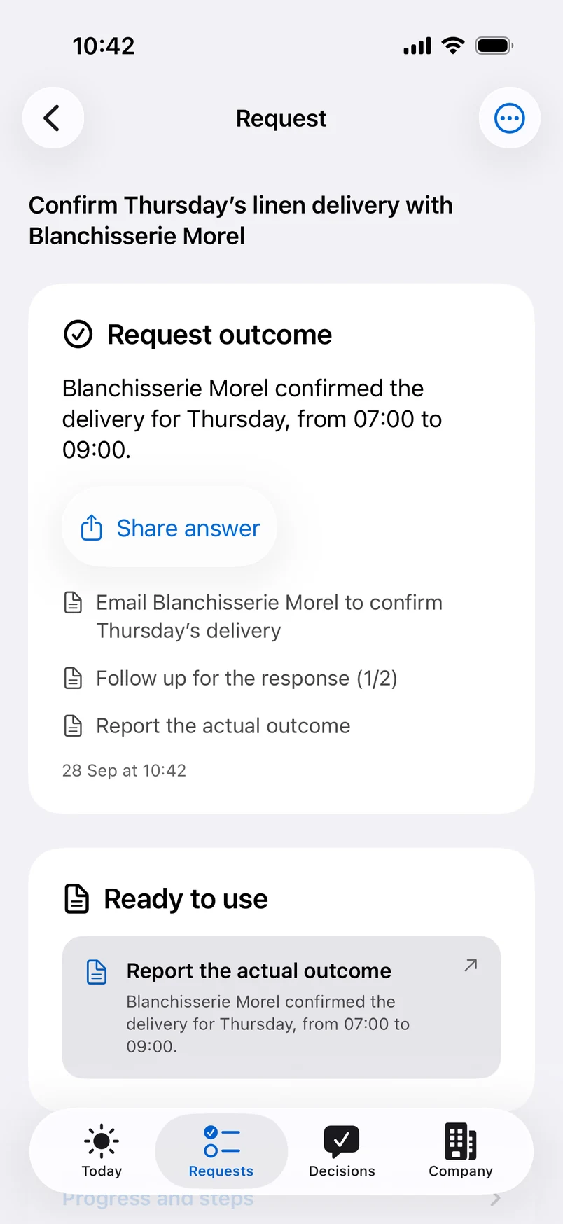 Request outcome: the supplier confirmed the delivery for Thursday, from 07:00 to 09:00