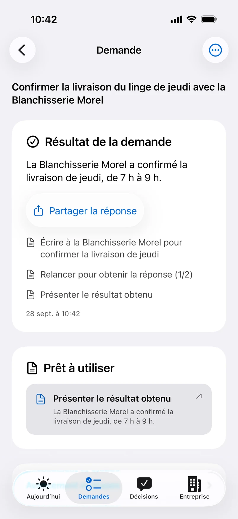 Résultat : le fournisseur a confirmé la livraison jeudi, de 7 h à 9 h