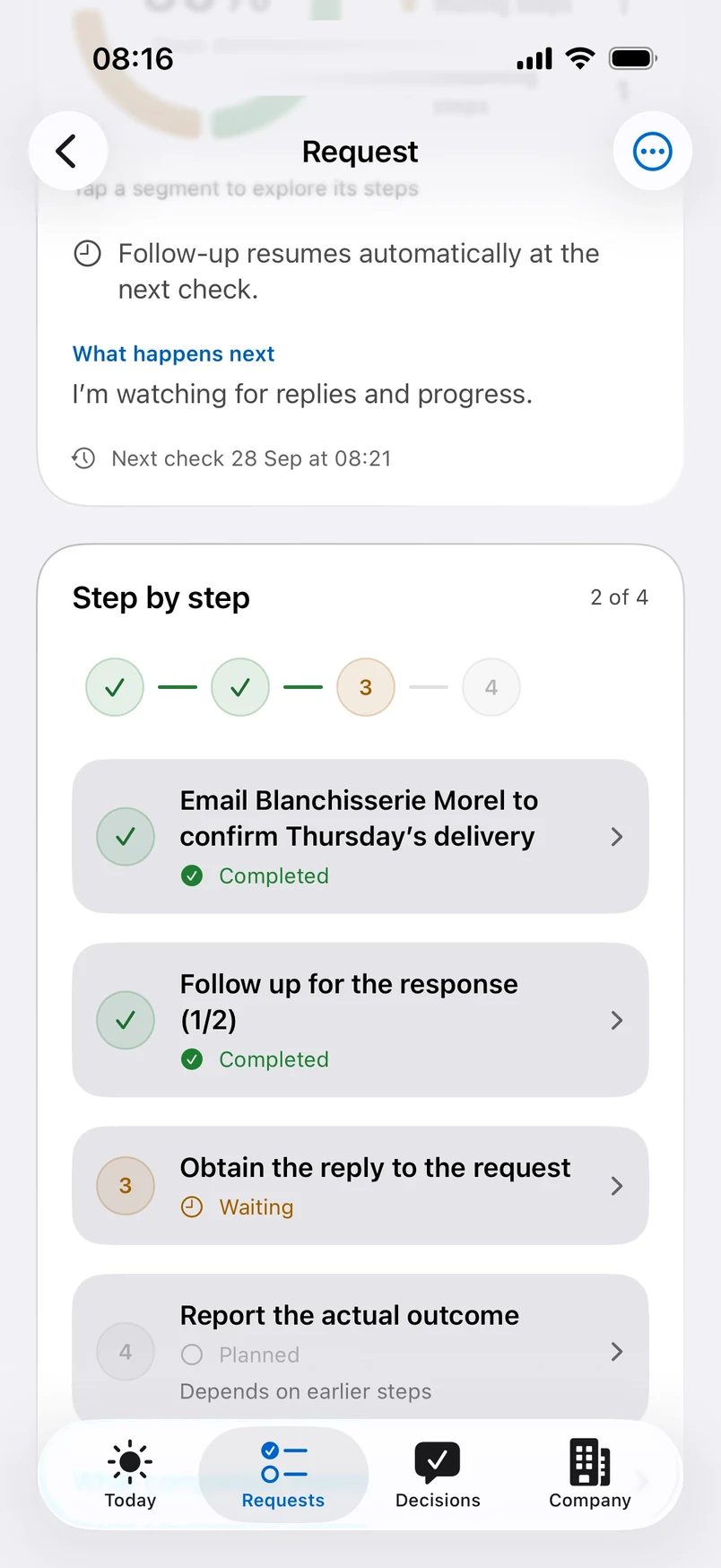 Step by step: email sent, follow-up sent, waiting for the reply, outcome to report