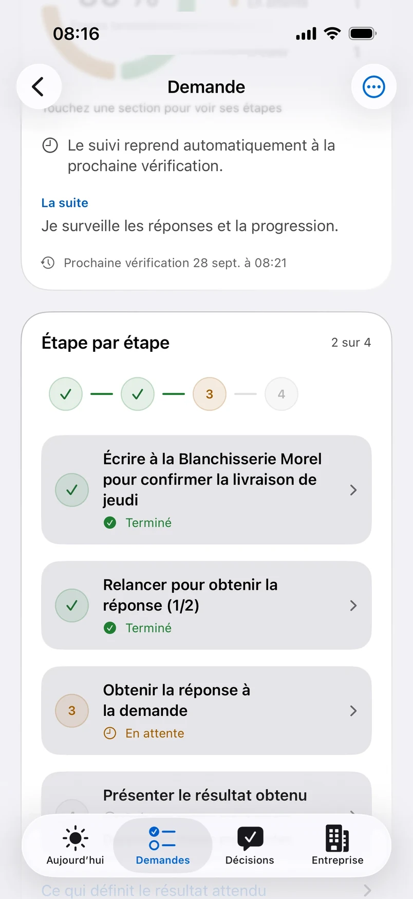 Étape par étape : e-mail envoyé, relance envoyée, réponse attendue, résultat à rendre