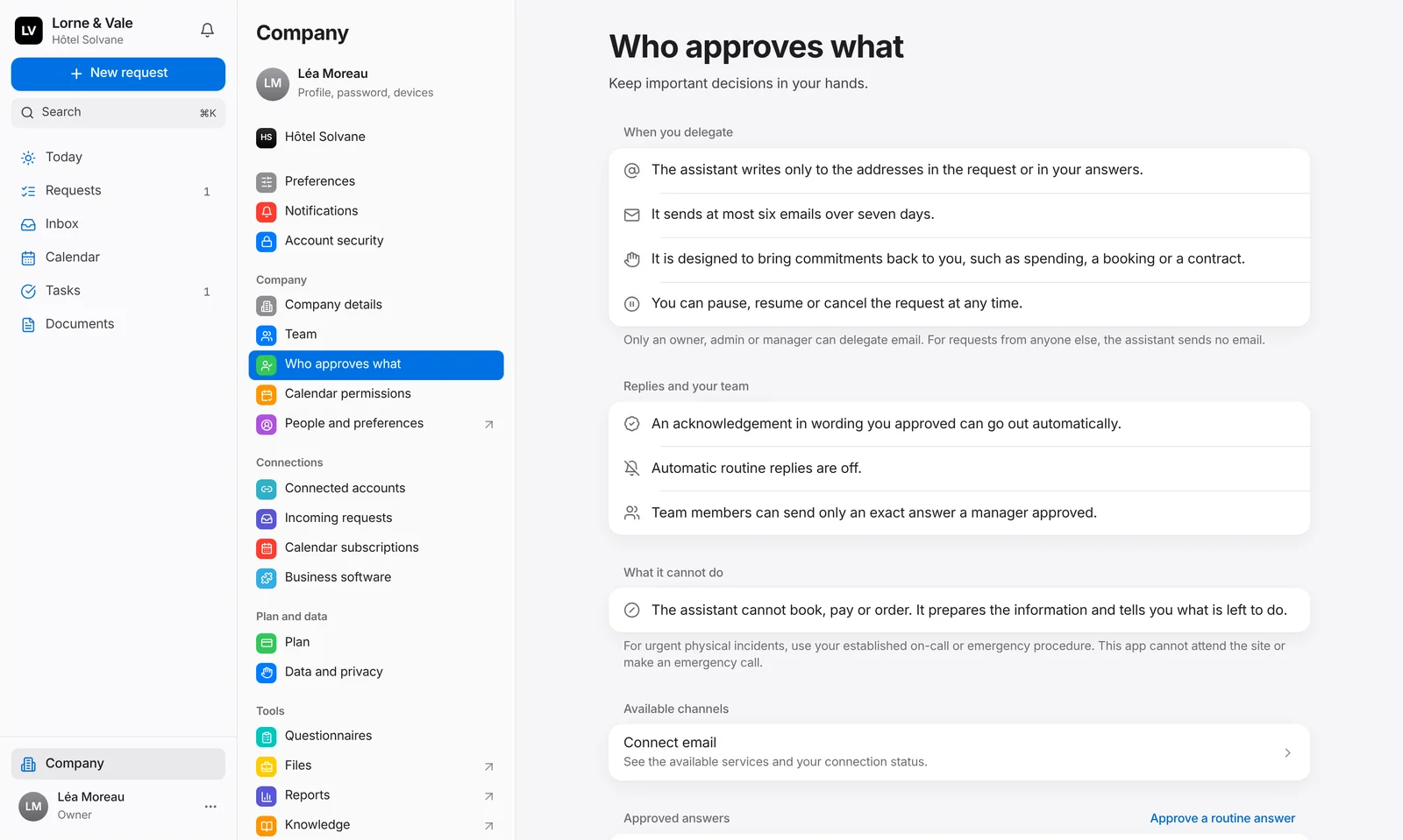 Company settings on the web platform: who approves what, from the addresses the assistant may write to and its six emails in seven days to the commitments that always come back to you