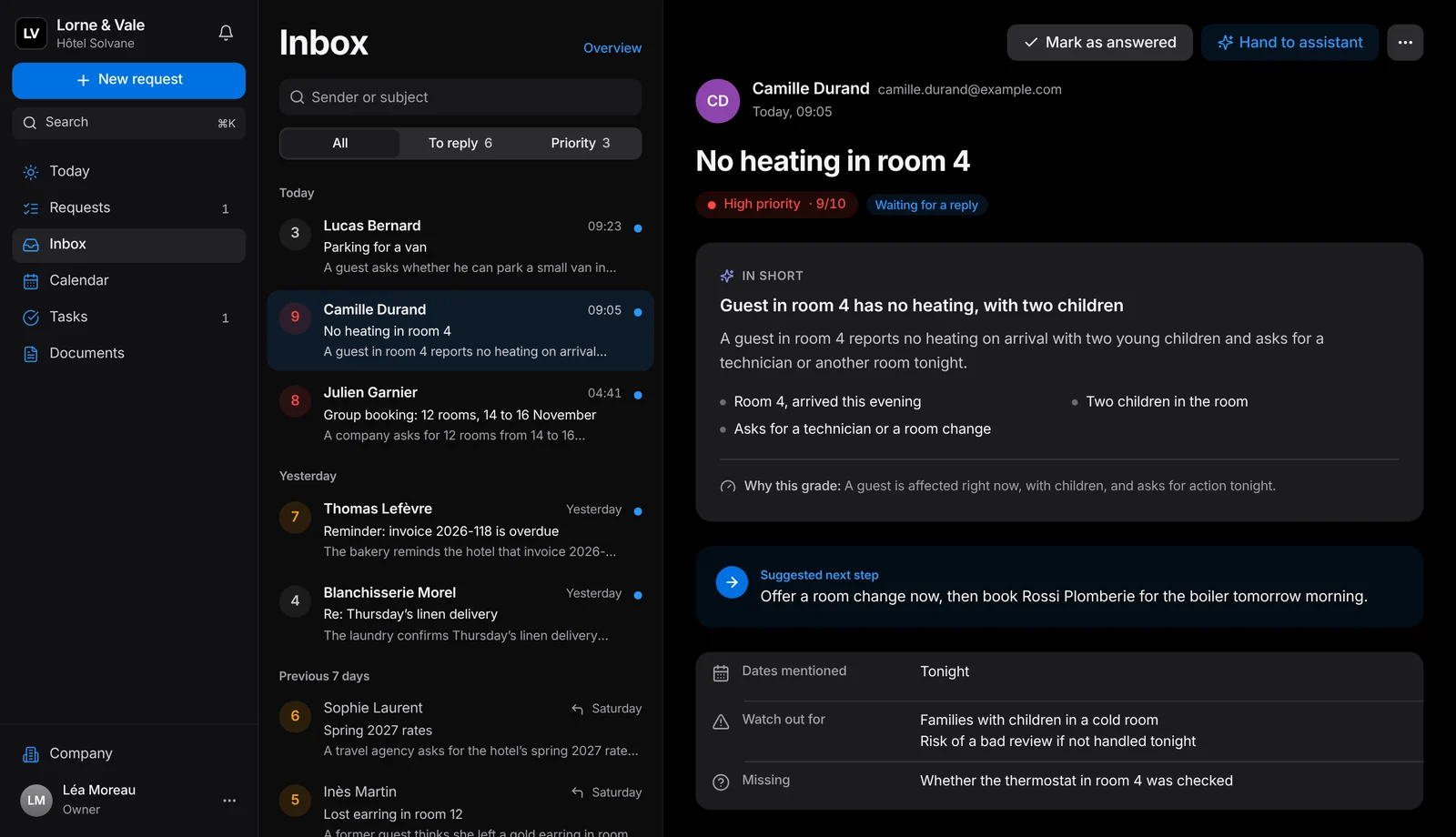 The Lorne & Vale inbox in a browser on a Windows PC, in dark mode: every email graded from 1 to 10, the open email summarised with the reason for its grade, the suggested next step, the dates, what to watch out for and what is missing