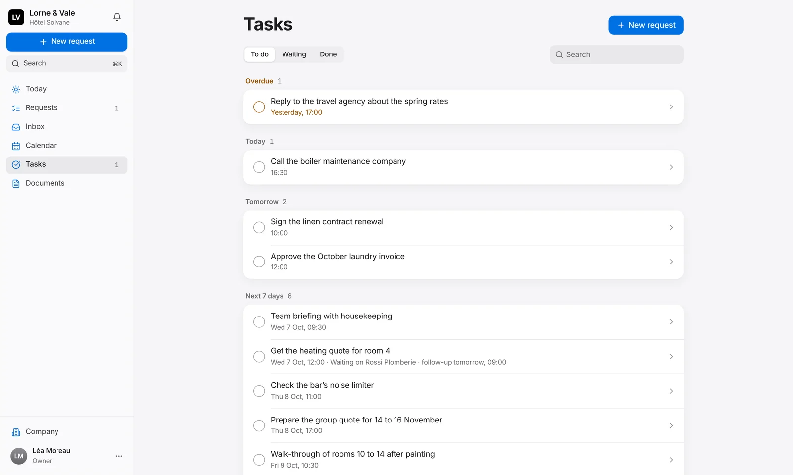 Tasks on the web platform, grouped by when they are due: one overdue, one today, two tomorrow and six in the next seven days, one of them waiting on a plumber with a follow-up planned for tomorrow