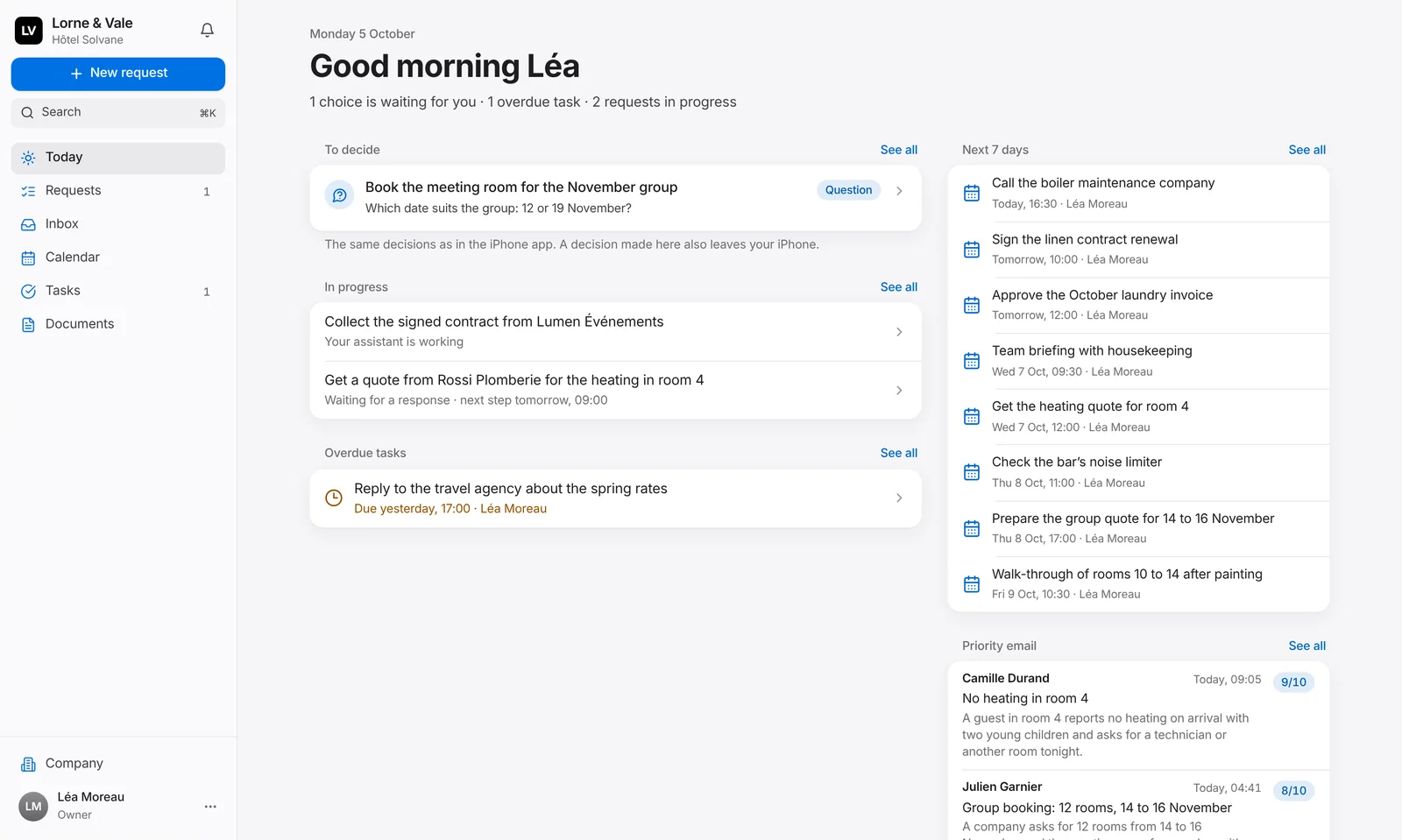 Today on the Lorne & Vale web platform, on a MacBook Pro: a decision waiting, the requests in progress, an overdue task, the next seven days and the priority emails with their grade