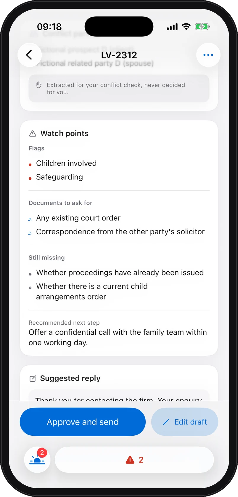 The triage brief on iPhone: watch points, documents to ask for, missing information and the recommended next step, on a fictional family-law enquiry.