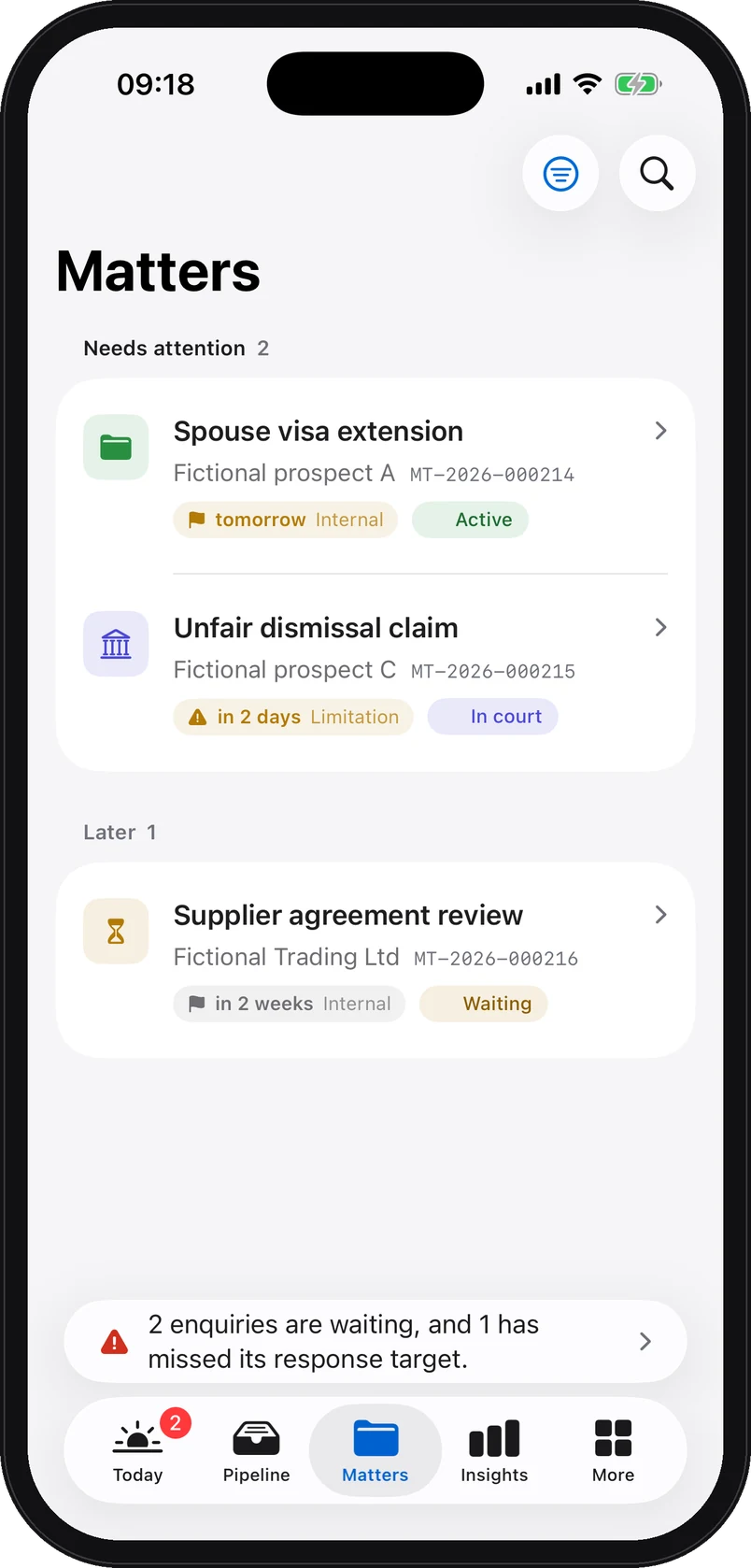 iPhone app screenshot with demo data: The matters on iPhone: two matters needing attention with their next deadline, and one matter for later. The people are fictional.