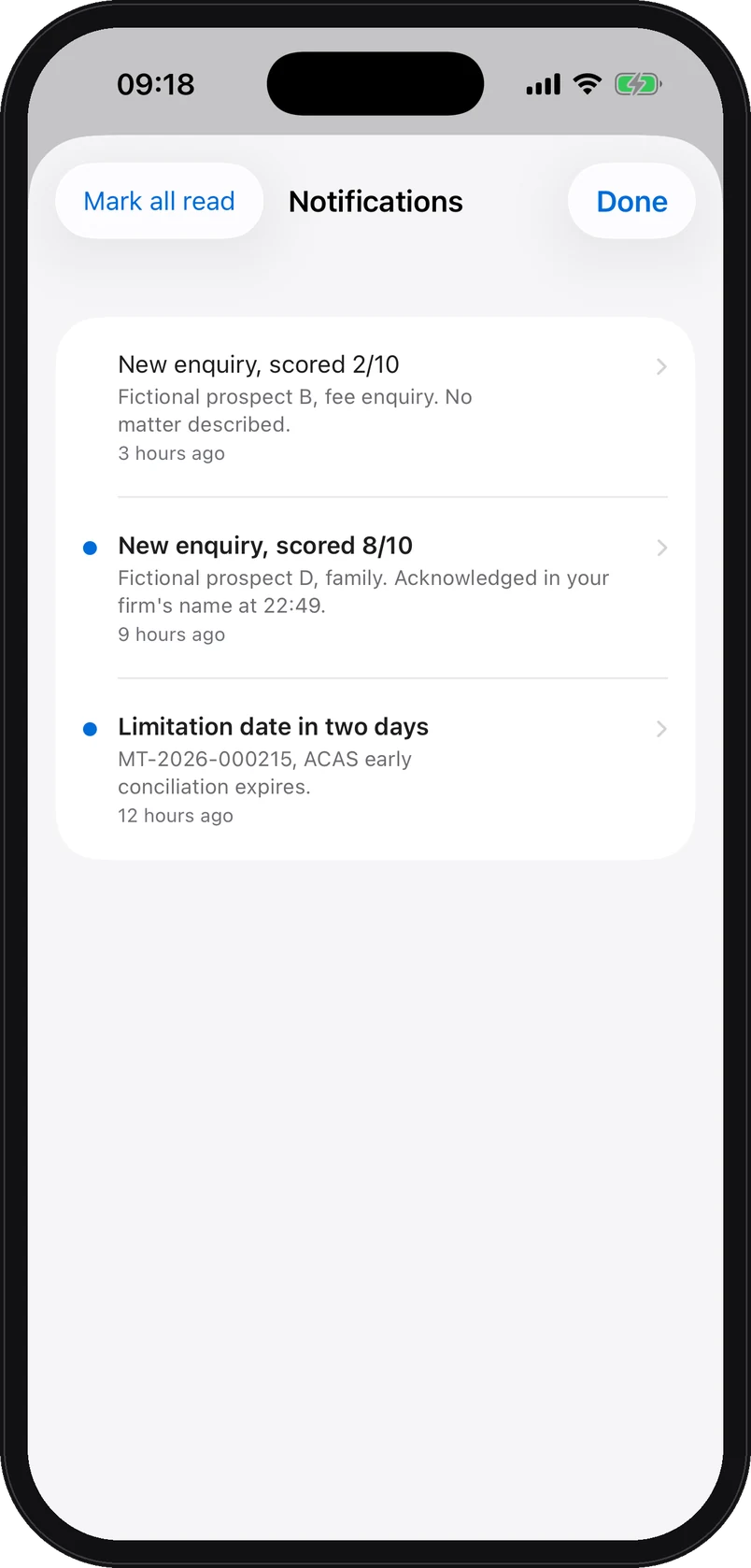 iPhone app screenshot with demo data: The iPhone app’s notifications: a new enquiry scored 8 out of 10 in family law for a fictional prospect, acknowledged in the firm’s name at 22:49, and a limitation date falling in two days.