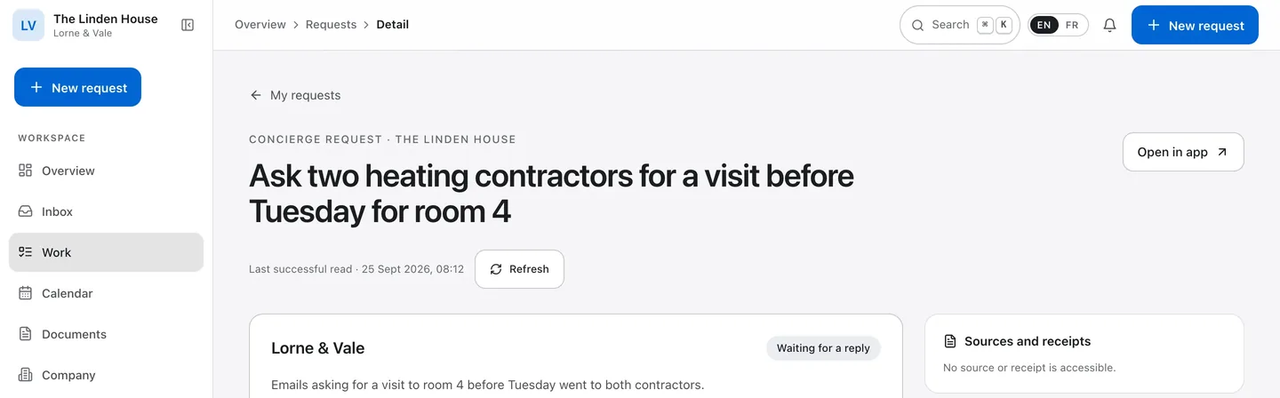 The Lorne & Vale web app in a browser, open on a request at a fictional hotel, with the workspace menu: overview, inbox, work, calendar, documents and company.